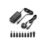 Set of power adapter, cables, and connectors on a white background